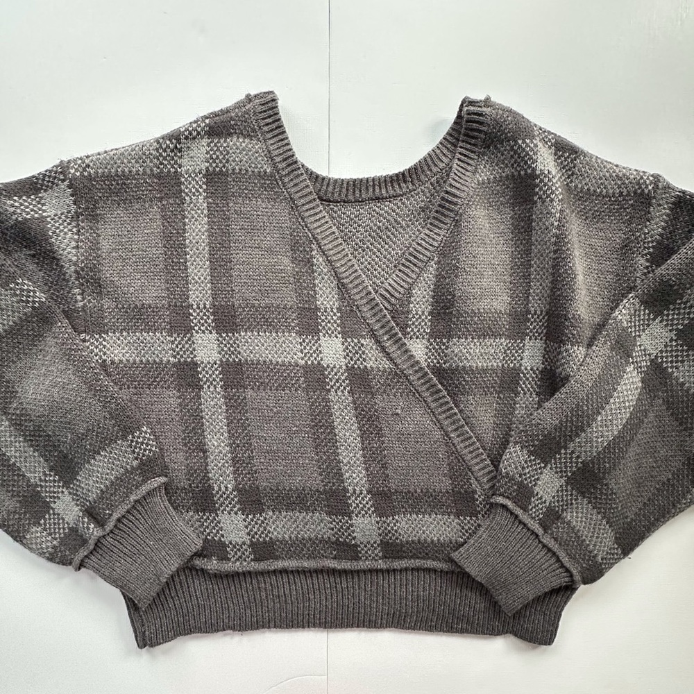 Vintage Havana gray plaid long sleeve v neck cropped sweater women’s small